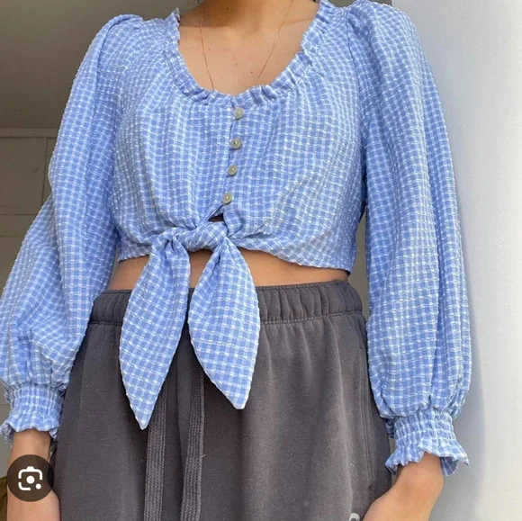 Zara Light Blue Gingham Tie-Front Crop Top Si'e Large - Picture 2 of 8